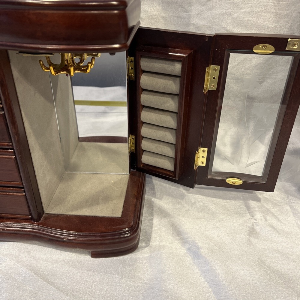 Large Vintage Lift Top Wooden Jewelry Box Etched Glass Doors- 4 Drawers 13.5x11 - Picture 7 of 16